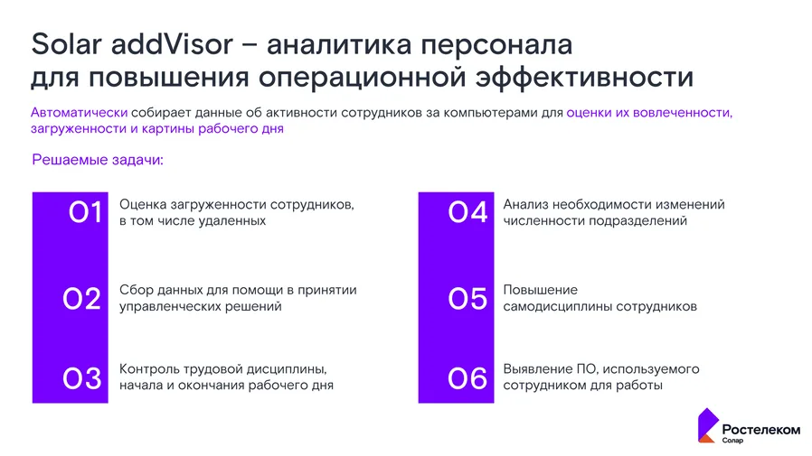 Solar addVisor — аналитика персонала для повышения операционной эффективности: оценка загруженности сотрудников, контроль трудовой дисциплины, поддержка управленческих решений