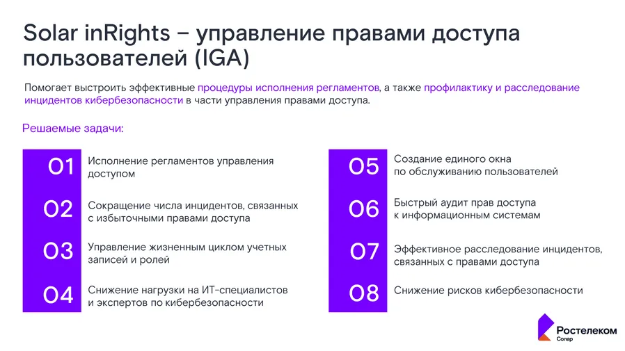 Solar inRights — управление правами доступа пользователей (IGA): исполнение регламентов управления доступом, управление жизненным циклом учётных записей, аудит прав доступа, снижение рисков кибербезопасности