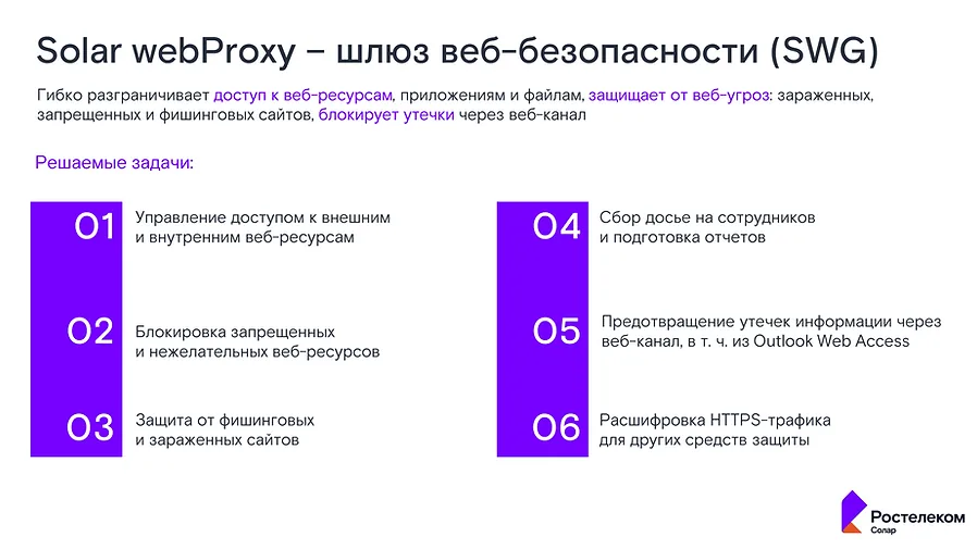 Solar webProxy — шлюз веб-безопасности (SWG): управление доступом к веб-ресурсам, блокировка нежелательных сайтов, защита от фишинга, предотвращение утечек через веб-канал, расшифровка HTTPS-трафика